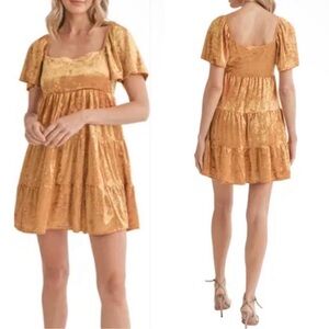 All in Favor Crushed Velvet Ruffle Mini Dress in Gold